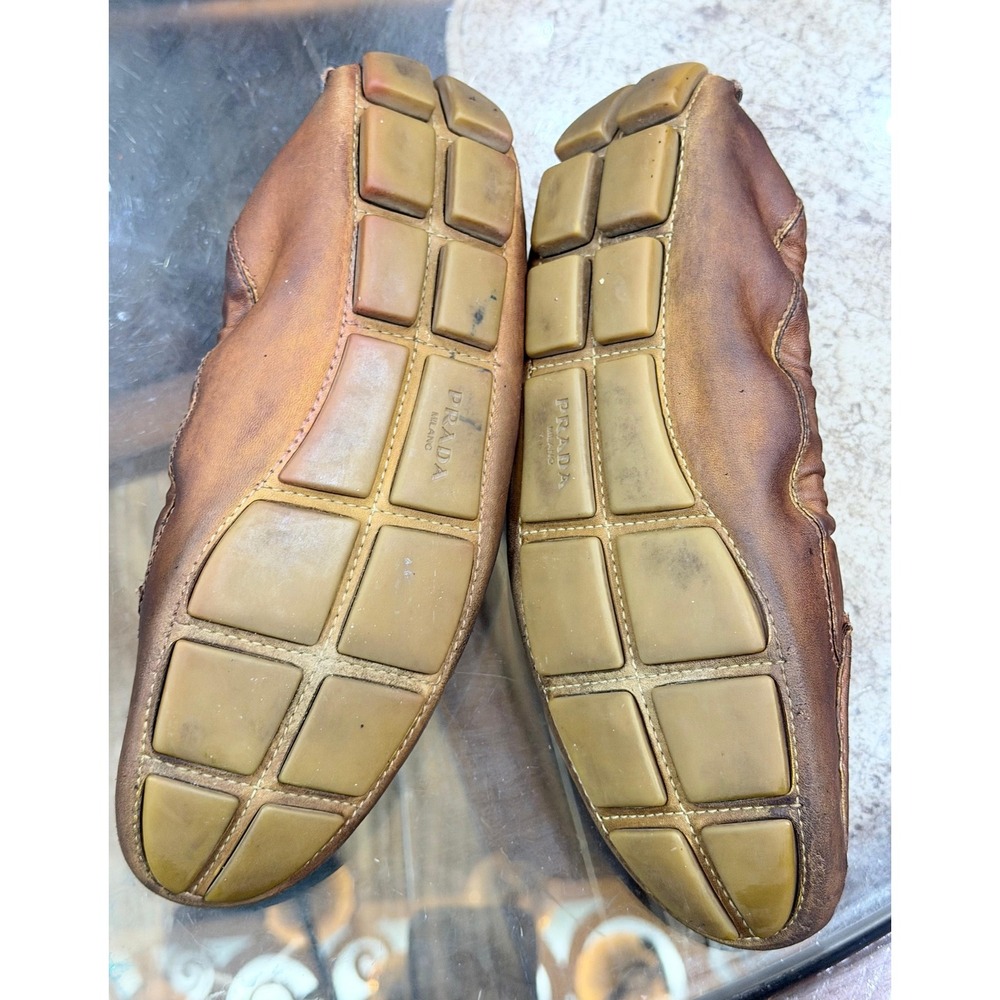 Prada Brown Leather Elastic Driving Loafers Gold Logo Flats 1DD030 Size 40 - Picture 7 of 8